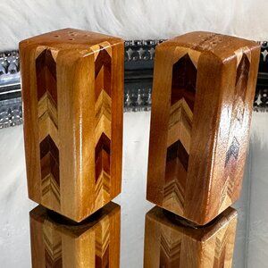 Salt Pepper Shakers, Inlaid Wood Veneer, Mid Century Cork Stoppers Rare, chevron